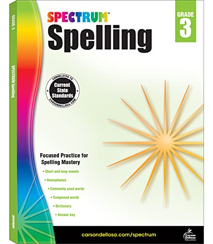 Spectrum Spelling Grade 3 workbook cover with colorful starburst design.