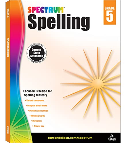 Spectrum Spelling Grade 5 educational workbook cover with a colorful rainbow spine design.