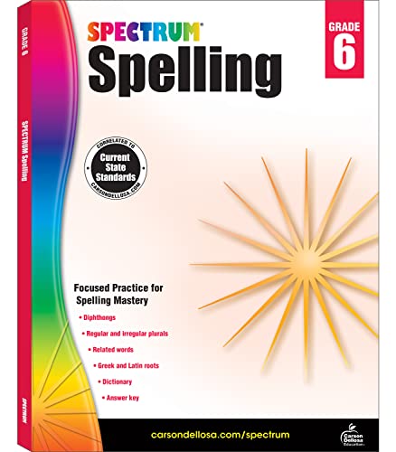 Spectrum Spelling Grade 6 workbook cover with rainbow and starburst design.