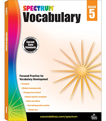 Spectrum Vocabulary Grade 5 workbook, purple and white cover with a sunburst.