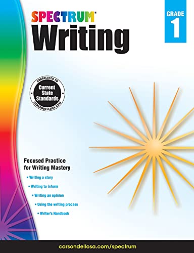 Spectrum Writing Grade 1 workbook cover with rainbow stripe and starburst.