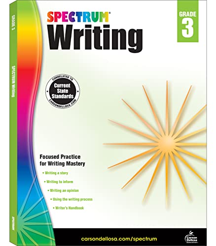 Spectrum Writing Grade 3 workbook cover with colorful starburst design.