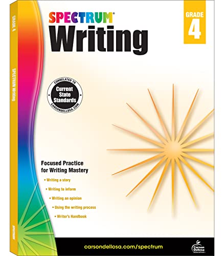 Spectrum Writing Grade 4 workbook cover with a rainbow spine and starburst graphic.