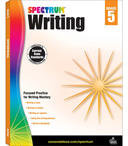 Spectrum Writing Grade 5 workbook cover with a rainbow spine and starburst graphic.