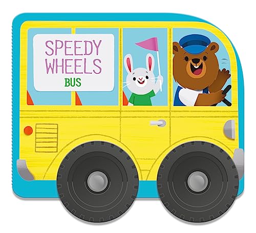 Yellow toy bus with Speedy Wheels branding and large wheels.