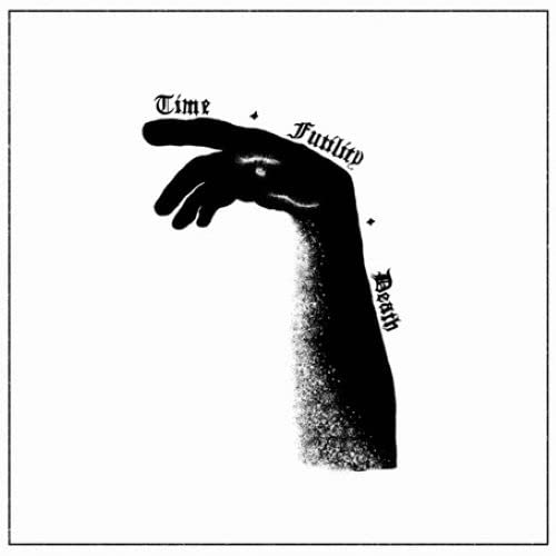 Black and white image of a hand dissolving into particles, with text.