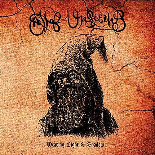 Sketch of a hooded figure with a wolf’s head, orange textured background.