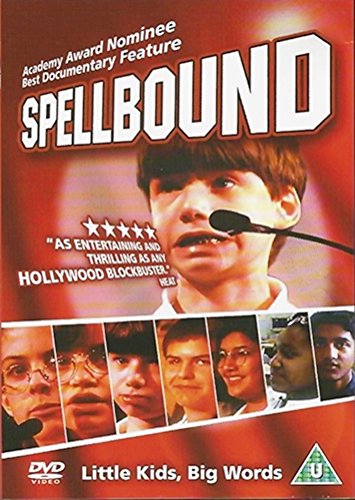 Spellbound" DVD cover featuring a young boy with a microphone and spelling bee scenes.