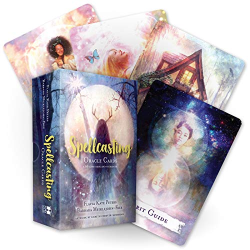 A box set and several illustrated cards from the Spellcasting Oracle deck.