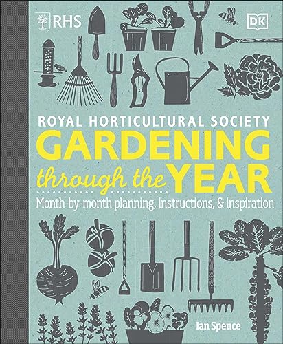 Book cover with gardening tools and plants, titled “Gardening Through the Year.”
