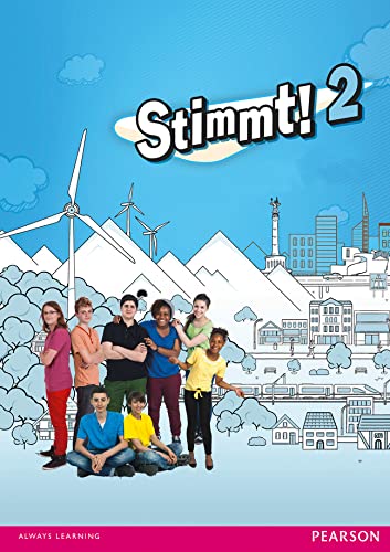 Stimmt! 2" textbook cover with students and a sketched cityscape.