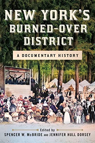 Book cover depicting a 19th-century religious revival scene in New York.