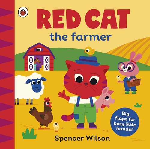 Red cat farmer with farm animals, lift-the-flap book cover.