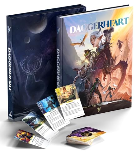 Daggerheart Core Set with rulebook, storage box, and several illustrated game cards.