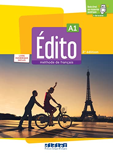 Textbook cover titled Édito A1 showing a couple on a bicycle before the Eiffel Tower.