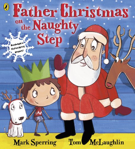 Illustration of Father Christmas and a child on a step, with reindeer.