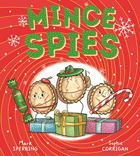 Three anthropomorphic mince pies wearing spy gear on a red background with presents.