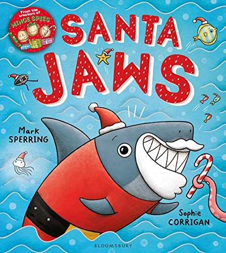 Cartoon shark wearing a Santa hat with candy cane, book cover.