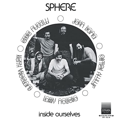 Black and white album cover featuring five musicians in a circular frame.