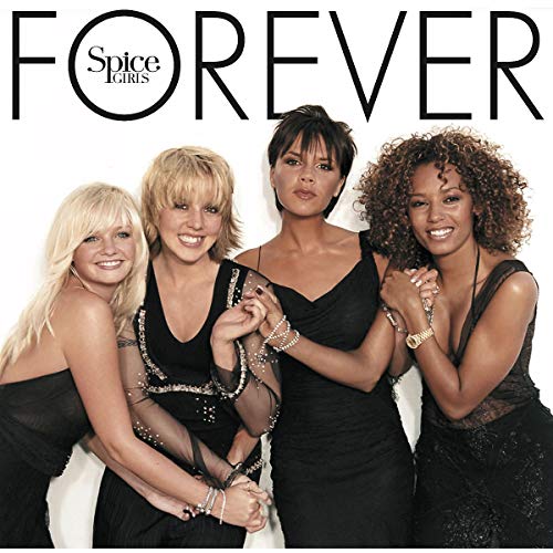 "Spice Girls album cover with four women in black dresses, smiling together."