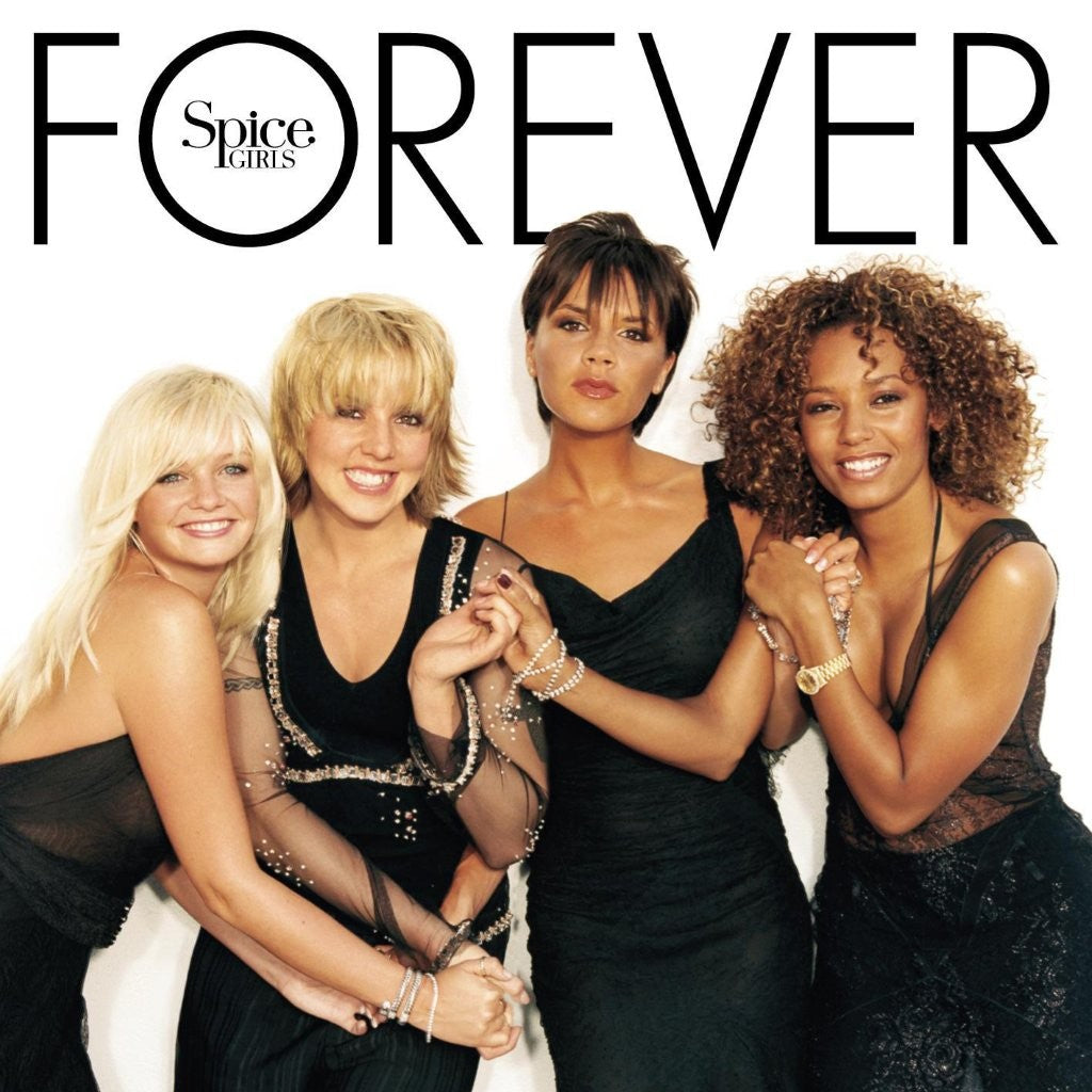 Spice Girls album cover featuring four members in black dresses.