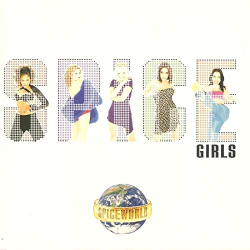 Spice Girls album cover with five members and a world globe.
