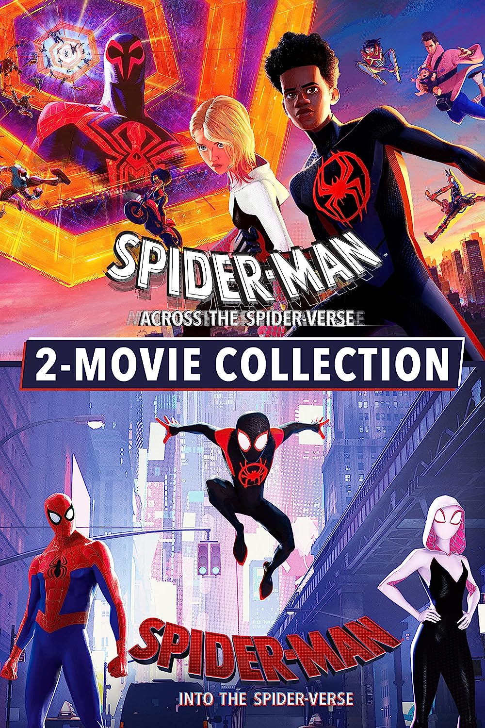 "Blu-ray cover featuring animated Spider-Man characters and cityscapes, labeled '2-MOVIE COLLECTION'."