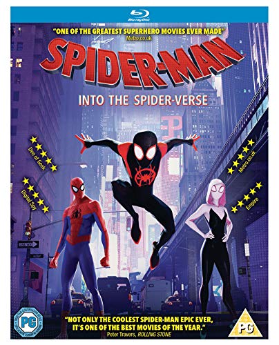 Blu-ray cover for “Spider-Man: Into the Spider-Verse” featuring multiple Spider-People.
