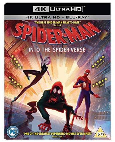 Spider-Man Into the Spider-Verse Blu-ray cover featuring three Spider-Man characters in a city.