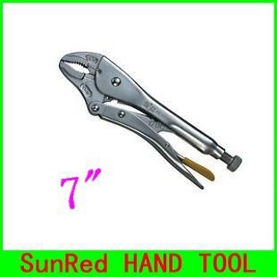 Silver locking pliers with curved jaws and yellow vinyl grips, labeled "7".