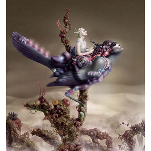 Surreal illustration of a woman riding a bird-like creature.