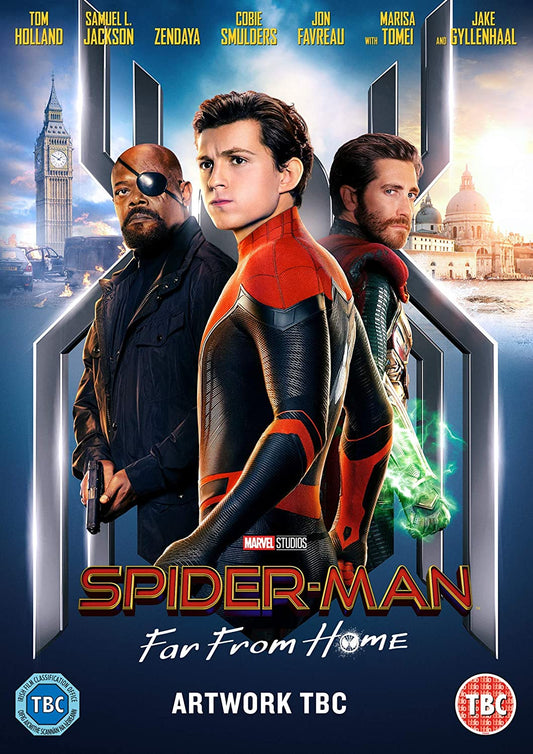 DVD cover for "Spider-Man: Far From Home" featuring three men, including Spider-Man.