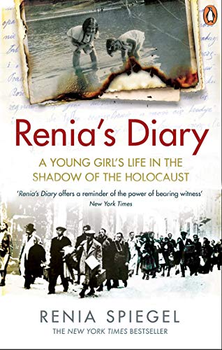 Book cover for “Renia’s Diary” with a historical photograph and crowd scene.