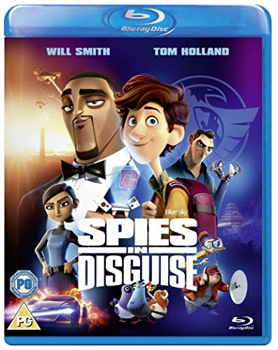 Spies In Disguise" Blu-ray cover featuring animated characters and city skyline.