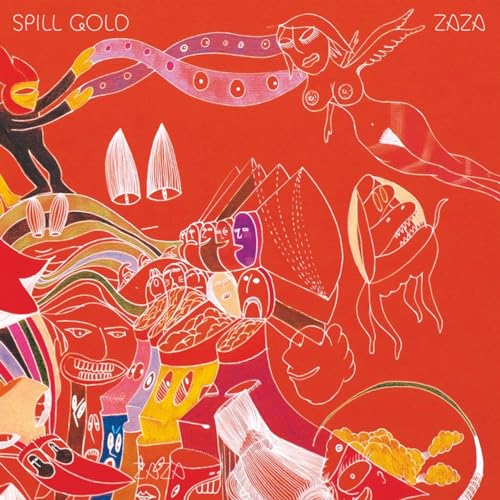 Red album cover with abstract, whimsical line art and figures.