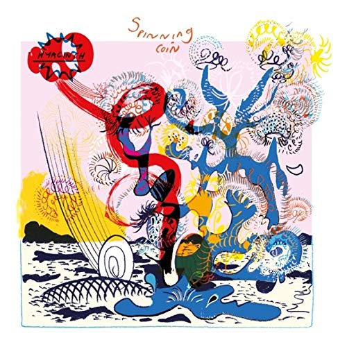 Album cover: abstract illustration with red figure, blue shapes, and yellow accents.