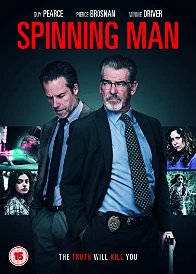 DVD cover for "Spinning Man" featuring two men in suits and a dark background.