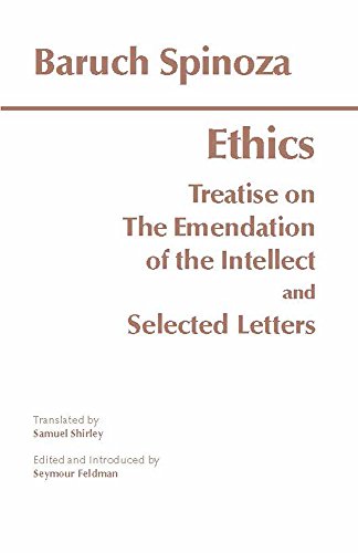 Book cover for Ethics by Baruch Spinoza with brown text on a white background.