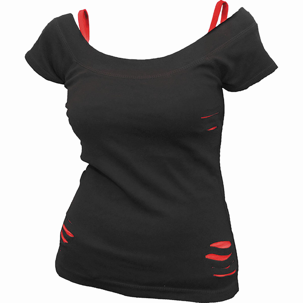Black short-sleeved ripped top with a red hem, modeled on a woman.