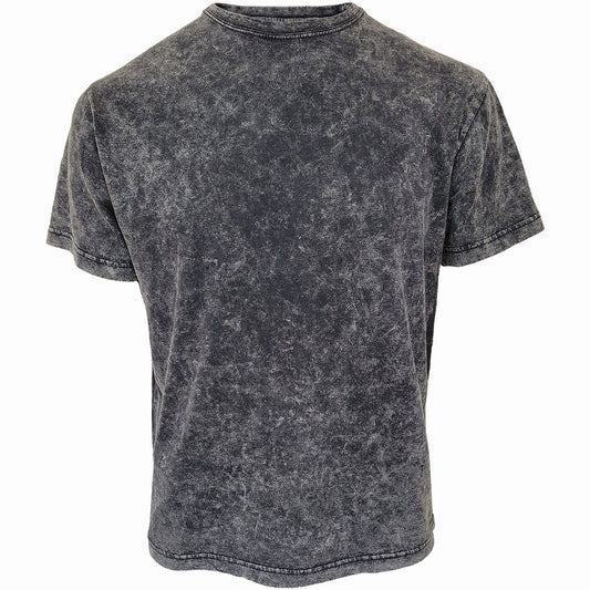 Black short sleeve t-shirt with a mottled, acid wash effect.