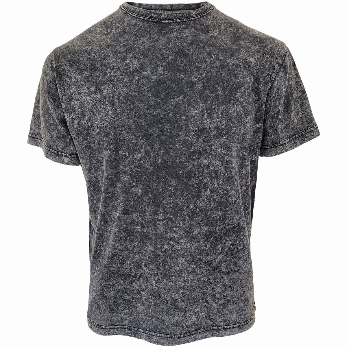Black short sleeve t-shirt with a mottled, acid wash effect.