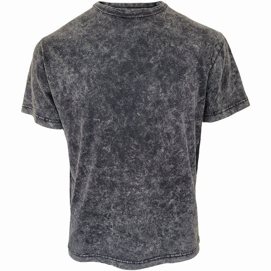Black short sleeve t-shirt with a mottled, acid wash effect.