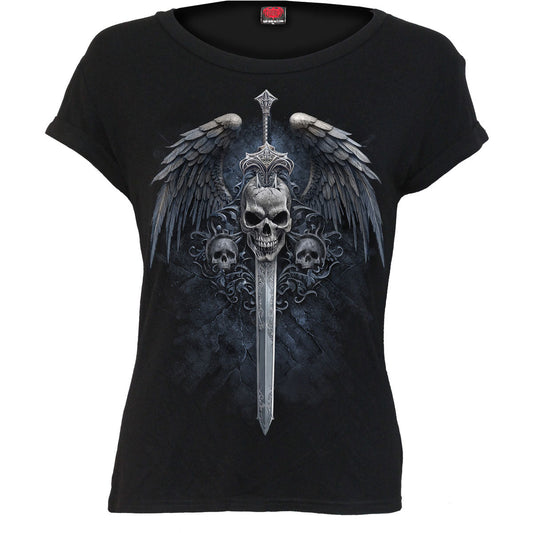 Black women’s t-shirt with a graphic of a skull, sword, and wings.