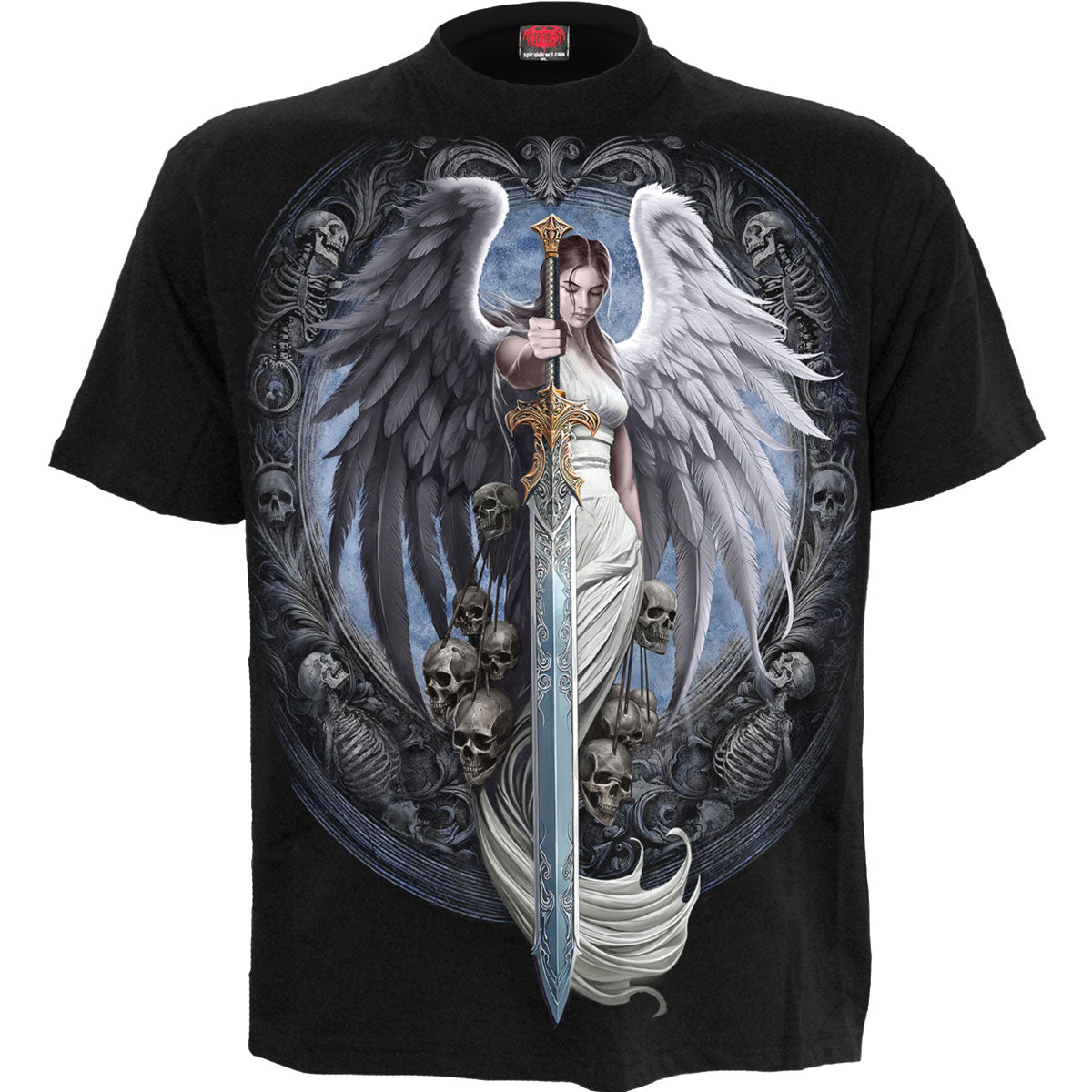 Black t-shirt with a graphic of a winged skull and sword design.