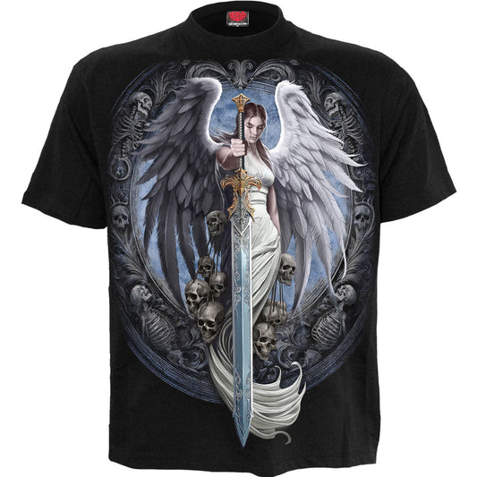 Black t-shirt with winged skull and sword graphic on the back.