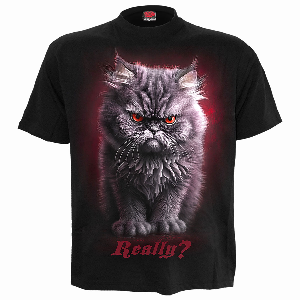 Black t-shirt with a grumpy gray cat and "Really?" text.