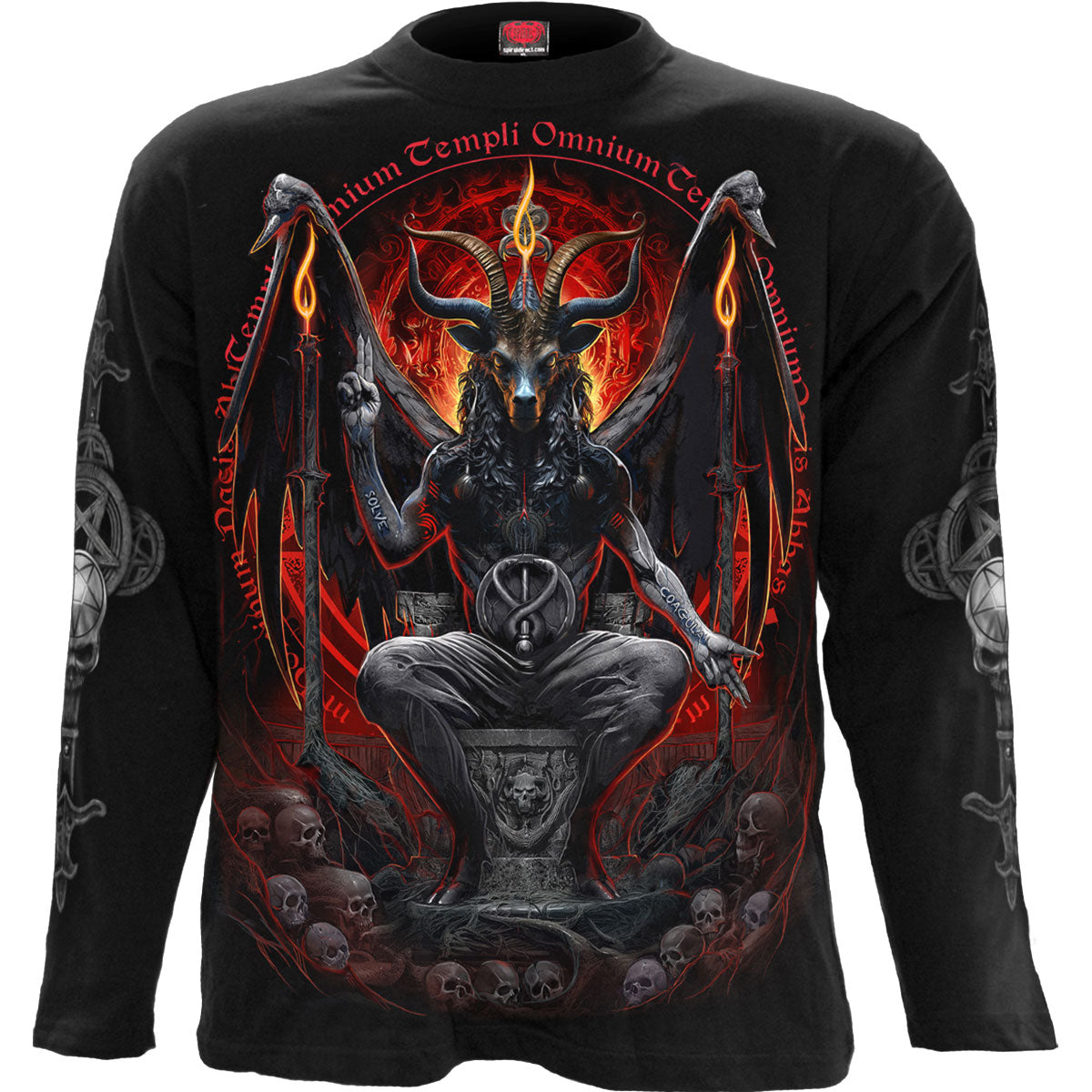 Black long sleeve shirt with a large Baphomet goat head design on the back.
