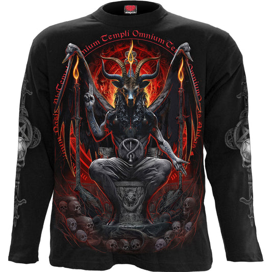 Black long sleeve shirt with a large Baphomet goat head design on the back.
