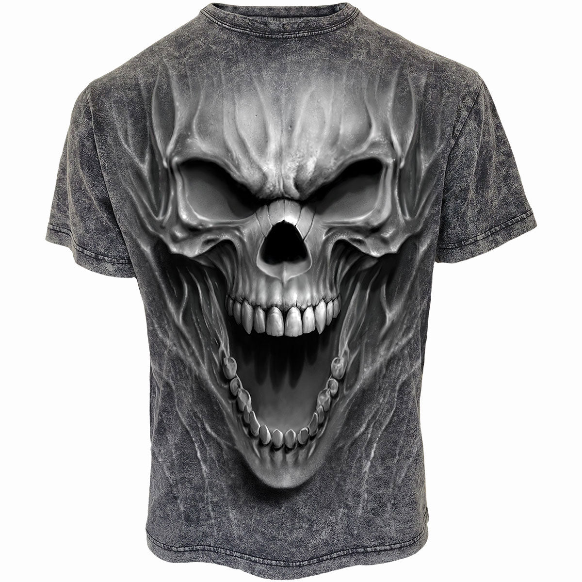 Black short sleeve t-shirt with a large, screaming skull graphic.