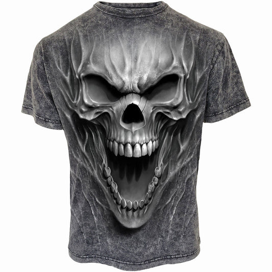 Black short sleeve t-shirt with a large, screaming skull graphic.